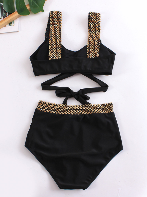 Swimwear- Golden Women's High-Waisted Bikini Set with Contrast Straps & Twist Bra- - IndioGear.com