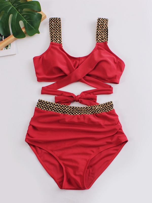 Swimwear- Golden Women's High-Waisted Bikini Set with Contrast Straps & Twist Bra- - IndioGear.com