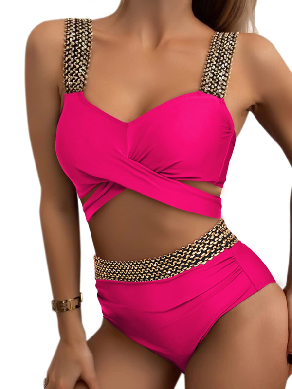 Swimwear- Golden Women's High-Waisted Bikini Set with Contrast Straps & Twist Bra- - IndioGear.com