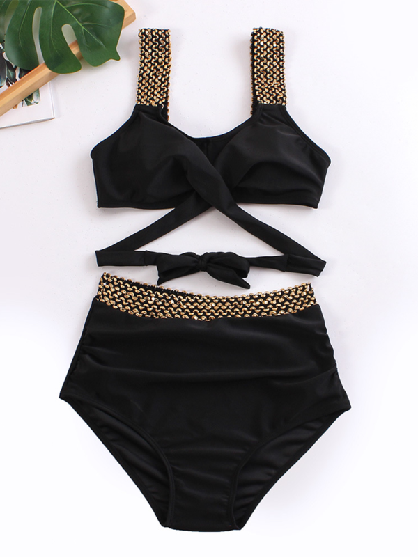 Swimwear- Golden Women's High-Waisted Bikini Set with Contrast Straps & Twist Bra- - IndioGear.com