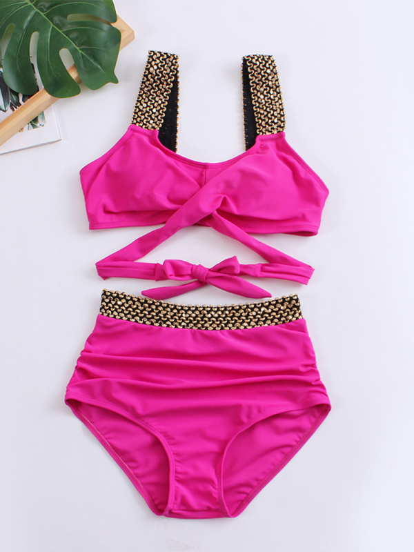 Swimwear- Golden Women's High-Waisted Bikini Set with Contrast Straps & Twist Bra- - IndioGear.com