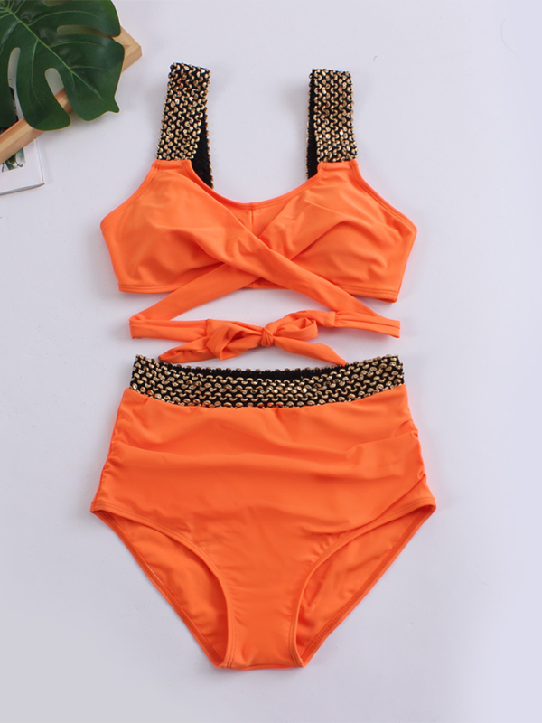 Swimwear- Golden Women's High-Waisted Bikini Set with Contrast Straps & Twist Bra- Orange- IndioGear.com