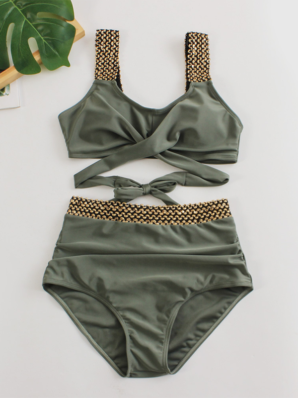 Swimwear- Golden Women's High-Waisted Bikini Set with Contrast Straps & Twist Bra- - IndioGear.com