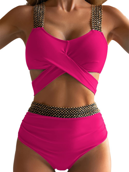 Swimwear- Golden Women's High-Waisted Bikini Set with Contrast Straps & Twist Bra- Rose- IndioGear.com