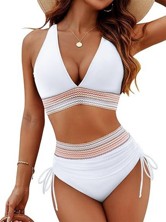 Swimwear- Halter Top & High-Waisted Bikini - Two-Piece Swimsuit- White- IndioGear.com