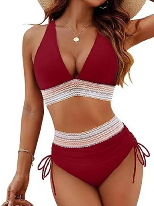 Swimwear- Halter Top & High-Waisted Bikini - Two-Piece Swimsuit- Wine Red- IndioGear.com