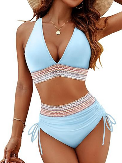 Swimwear- Halter Top & High-Waisted Bikini - Two-Piece Swimsuit- Sky blue azure- IndioGear.com