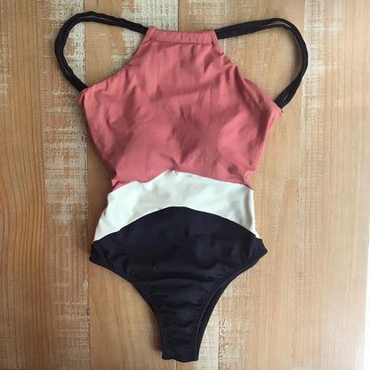 Swimwear- Halter Women's Color-Block Full Coverage Swimsuit- Red- IndioGear Fashion and Gear