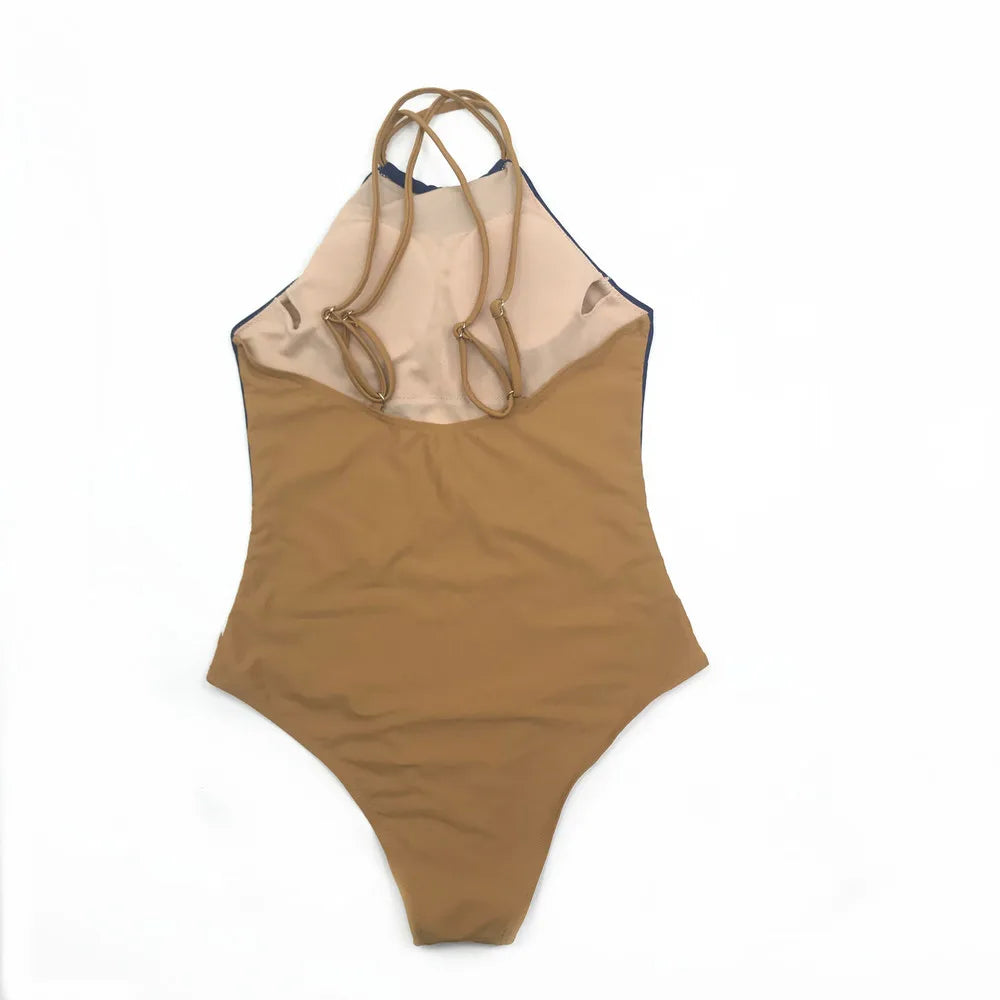 Swimwear- Halter Women's Color-Block Full Coverage Swimsuit- - IndioGear Fashion and Gear