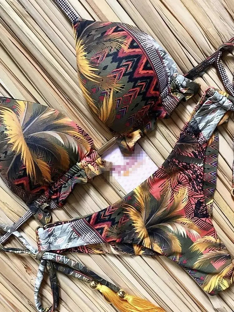 Swimwear- Hawaiian Print Triangle Bra & Bikini 2 Piece Set for Women- - IndioGear Fashion and Gear