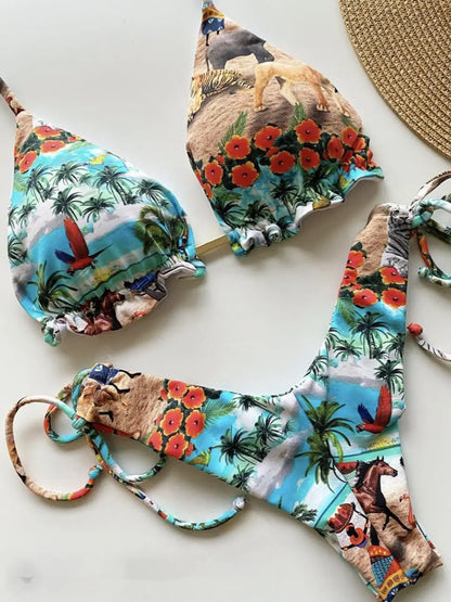 Swimwear- Hawaiian Print Triangle Bra & Bikini 2 Piece Set for Women- Aqua- IndioGear Fashion and Gear