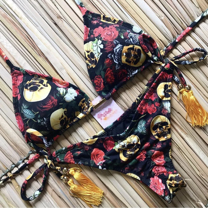 Swimwear- Hawaiian Print Triangle Bra & Bikini 2 Piece Set for Women- - IndioGear Fashion and Gear