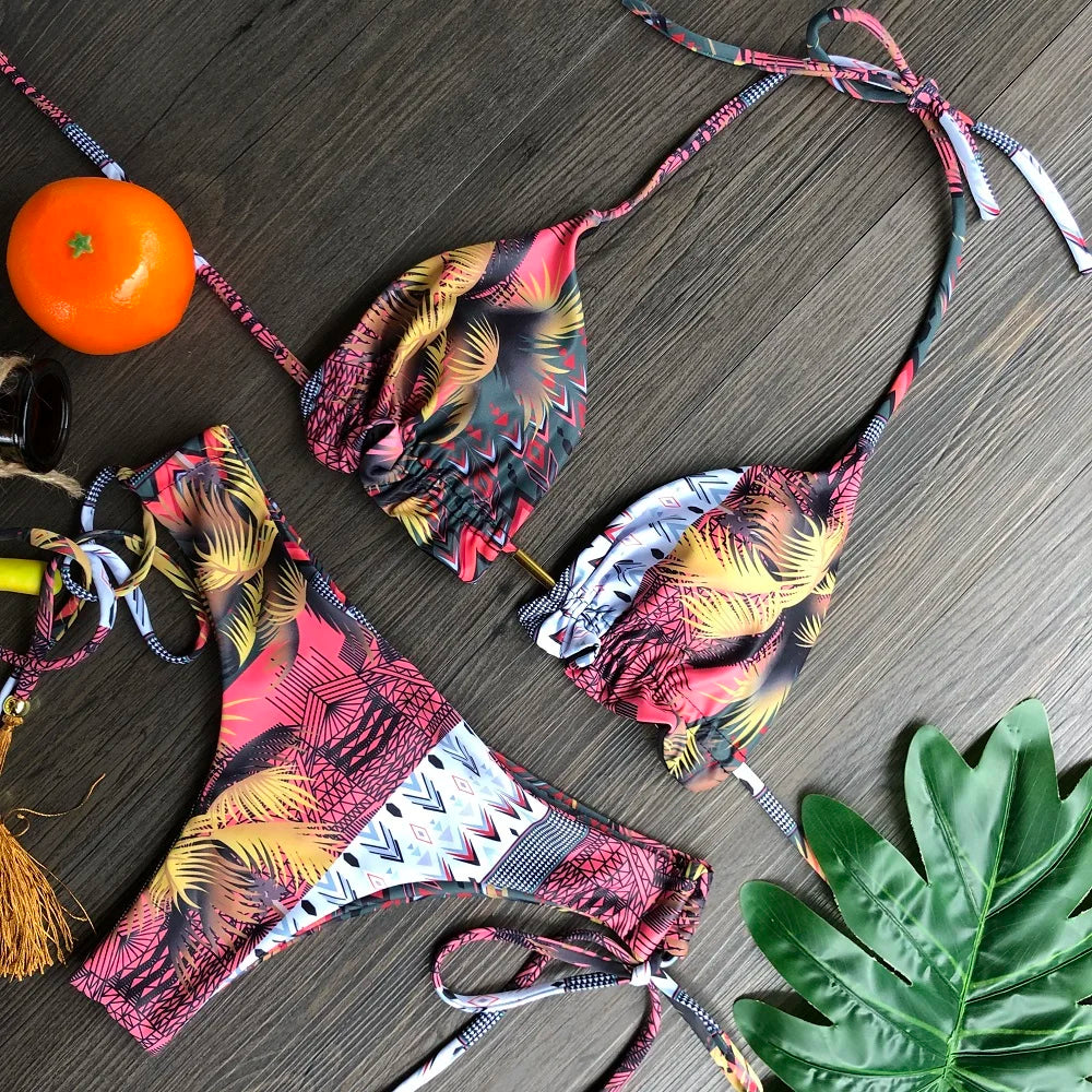 Swimwear- Hawaiian Print Triangle Bra & Bikini 2 Piece Set for Women- - IndioGear Fashion and Gear