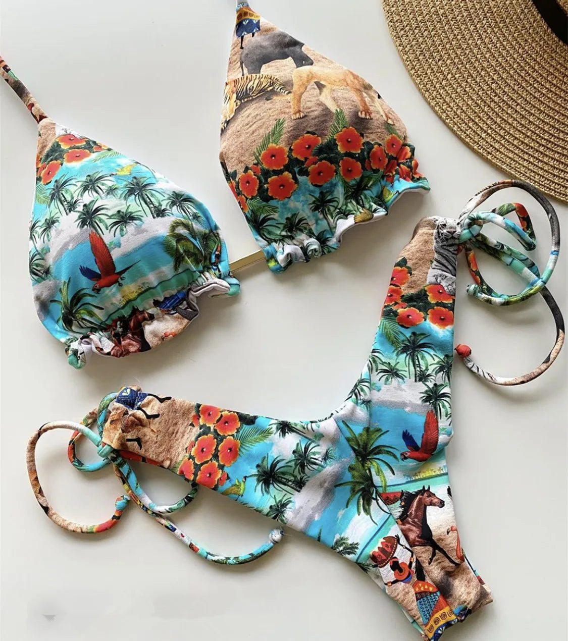 Swimwear- Hawaiian Print Triangle Bra & Bikini 2 Piece Set for Women- - IndioGear Fashion and Gear