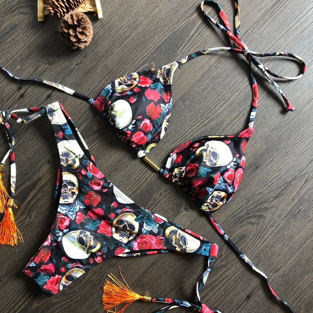 Swimwear- Hawaiian Print Triangle Bra & Bikini 2 Piece Set for Women- - IndioGear Fashion and Gear