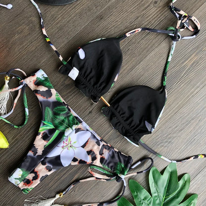 Swimwear- Hawaiian Print Triangle Bra & Bikini 2 Piece Set for Women- - IndioGear Fashion and Gear