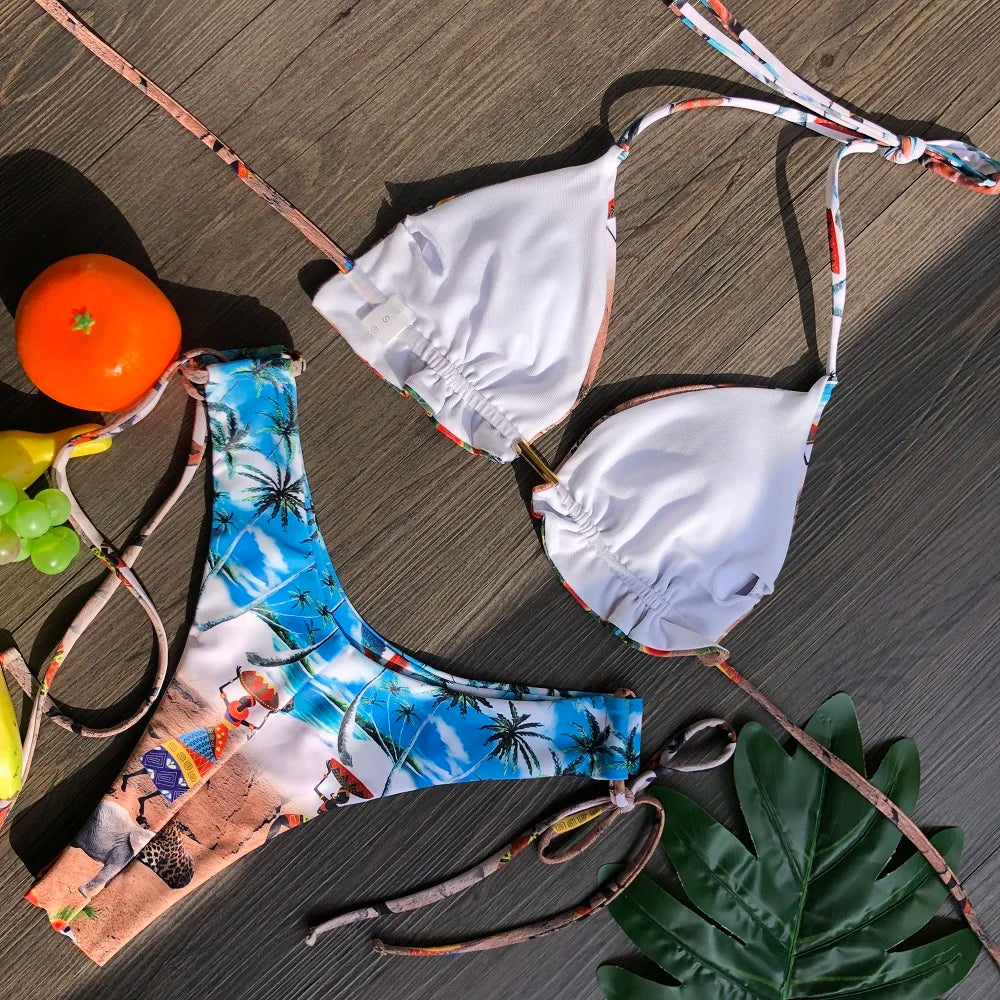 Swimwear- Hawaiian Print Triangle Bra & Bikini 2 Piece Set for Women- - IndioGear Fashion and Gear