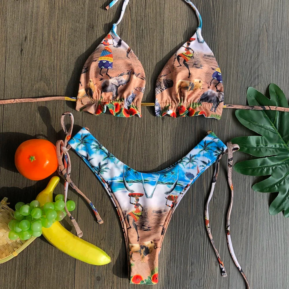 Swimwear- Hawaiian Print Triangle Bra & Bikini 2 Piece Set for Women- - IndioGear Fashion and Gear