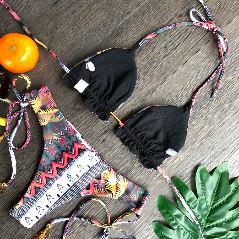 Swimwear- Hawaiian Print Triangle Bra & Bikini 2 Piece Set for Women- - IndioGear Fashion and Gear