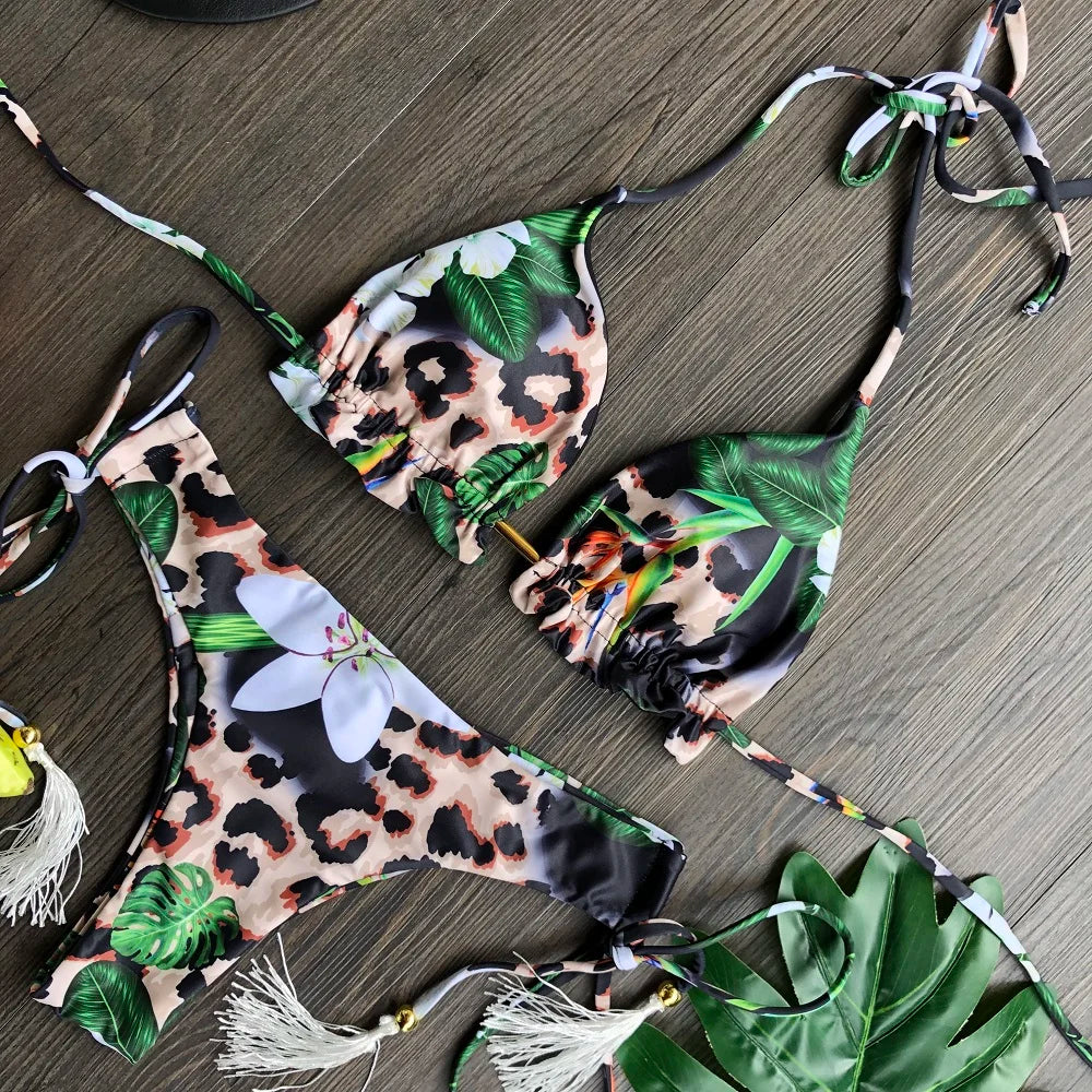 Swimwear- Hawaiian Print Triangle Bra & Bikini 2 Piece Set for Women- - IndioGear Fashion and Gear