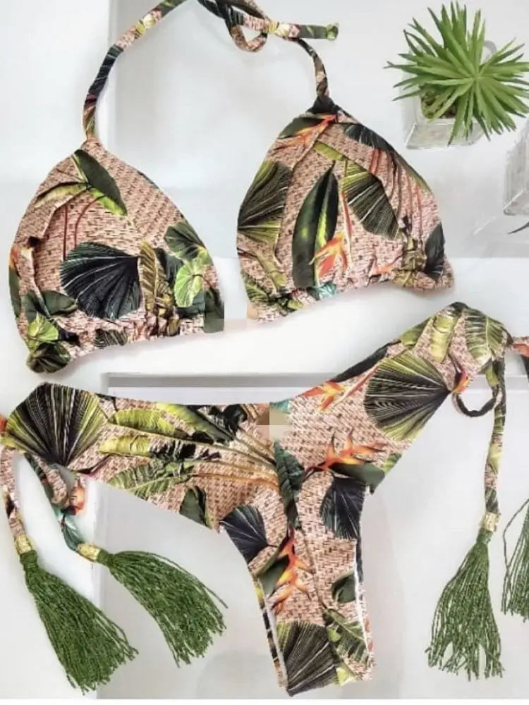 Swimwear- Hawaiian Print Triangle Bra & Bikini 2 Piece Set for Women- Green- IndioGear Fashion and Gear