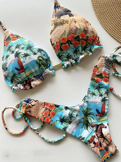 Swimwear- Hawaiian Print Triangle Bra & Bikini 2 Piece Set for Women- - IndioGear Fashion and Gear