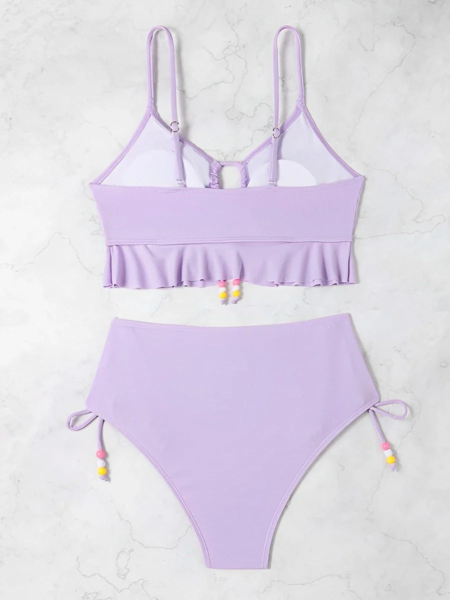 Lavender Ruched Two-Piece Lilac Swimsuit with Colorful Beads