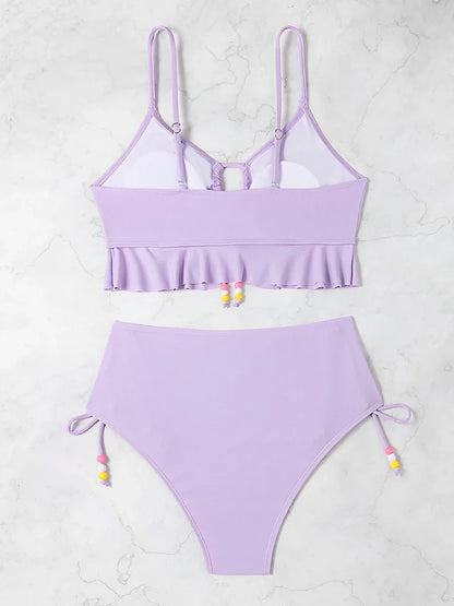 Maillot de bain deux pièces froncé lavande lilas avec perles colorées