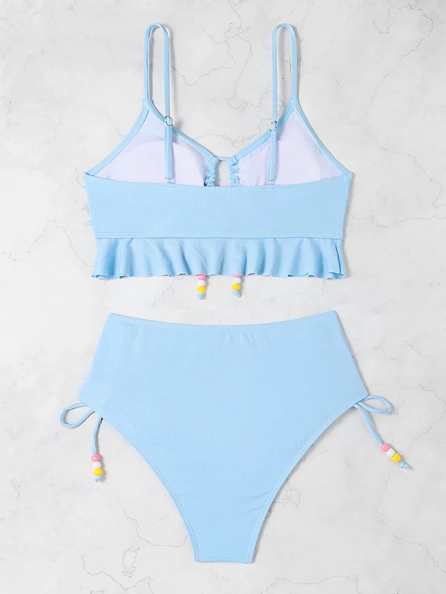 Lavender Ruched Two-Piece Lilac Swimsuit with Colorful Beads