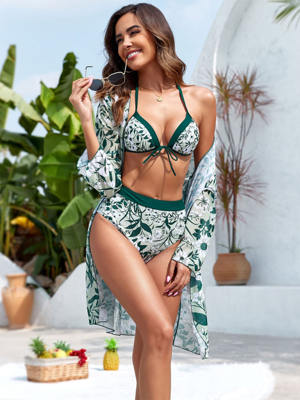 Ensemble de bikini imprimé feuilles exotiques pour femmes avec bas de contrôle du ventre et couverture supérieure