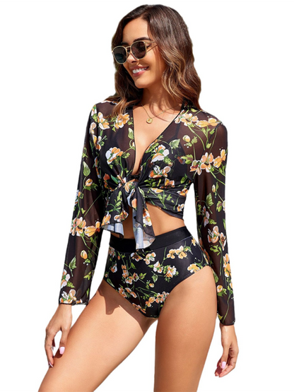 Ensemble de bikini imprimé feuilles exotiques pour femmes avec bas de contrôle du ventre et couverture supérieure