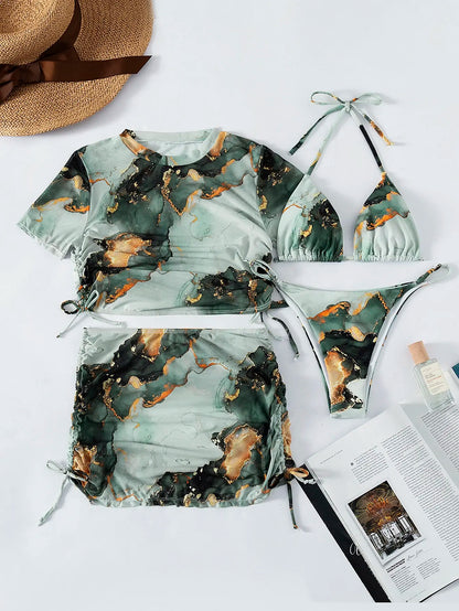 Marble Print 4-piece Swimwear Bikini and Cover-Ups