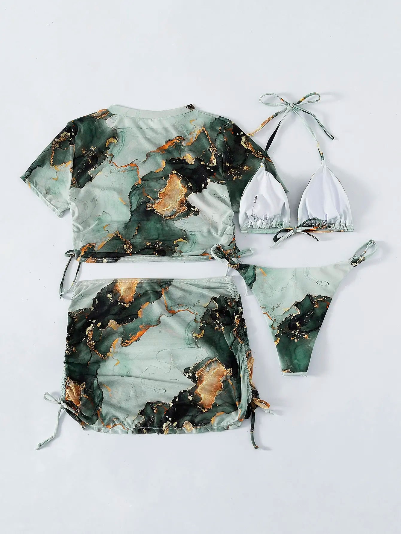 Marble Print 4-piece Swimwear Bikini and Cover-Ups