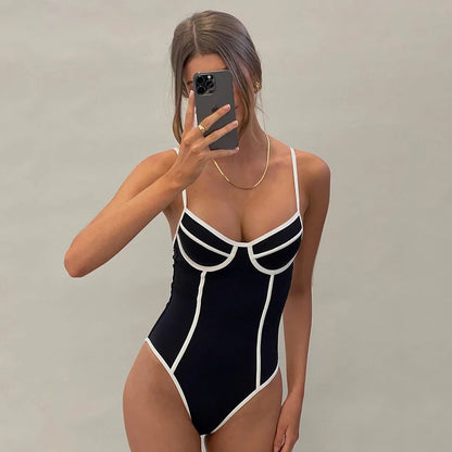 Swimwear- Contrast Trim One-Piece Swimwear in Monochrome- Black- IndioGear.com