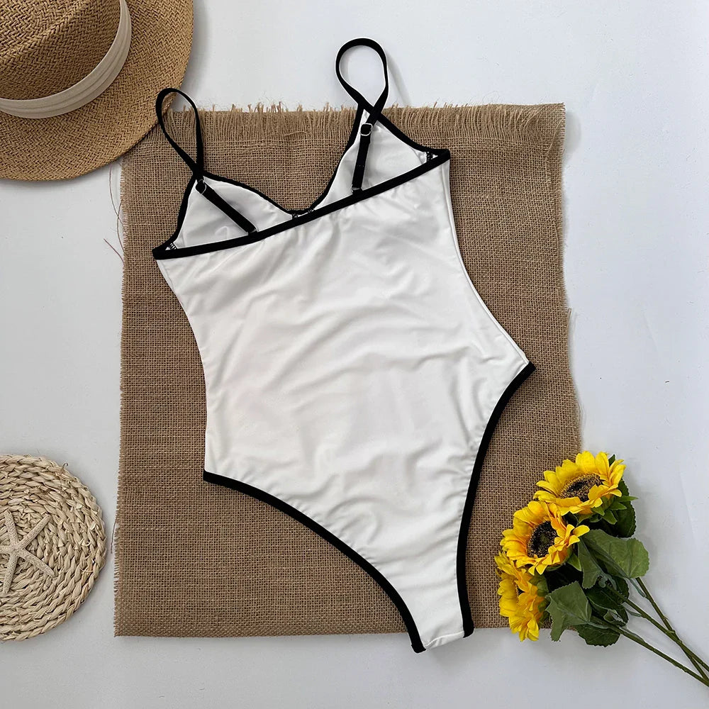 Swimwear- Contrast Trim One-Piece Swimwear in Monochrome- - IndioGear.com