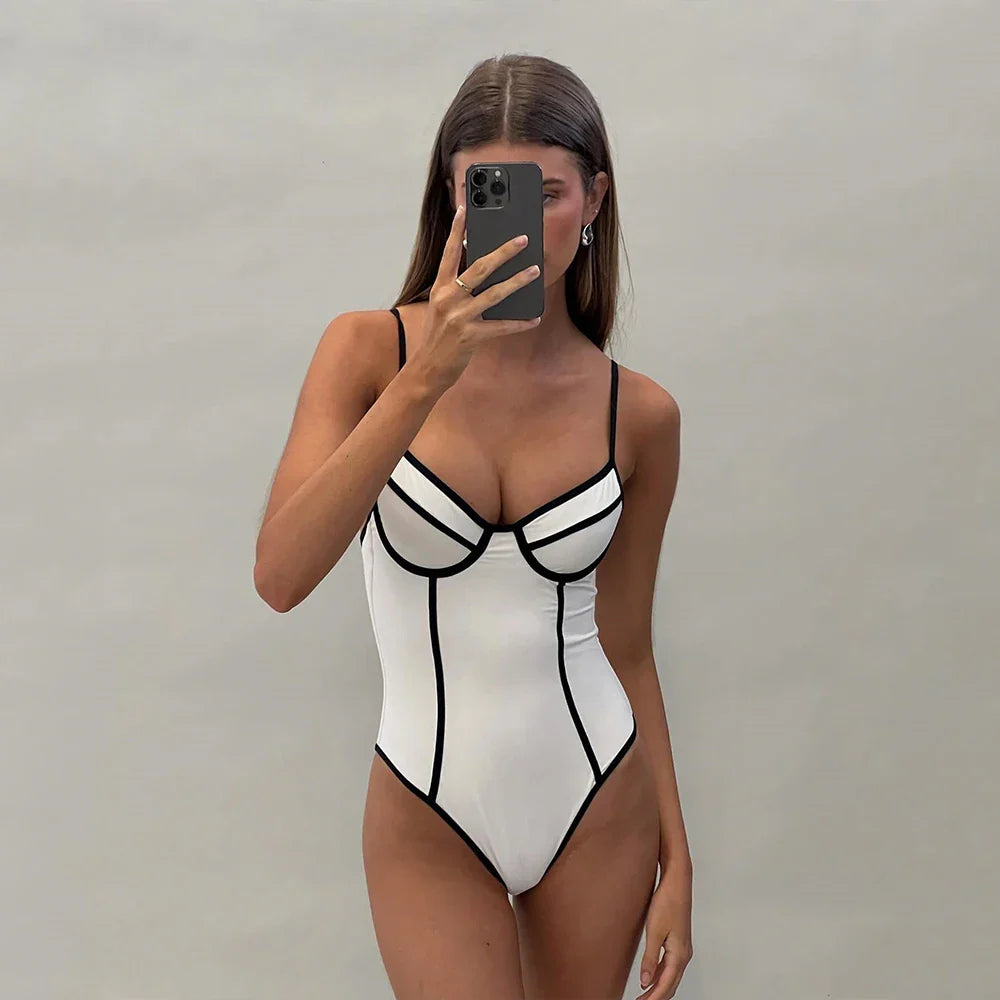 Swimwear- Contrast Trim One-Piece Swimwear in Monochrome- White- IndioGear.com