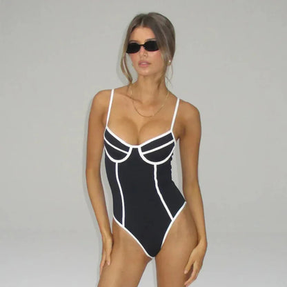 Swimwear- Contrast Trim One-Piece Swimwear in Monochrome- - IndioGear.com