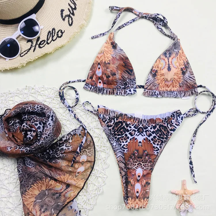 Swimwear- Ocean Triangle Halter Bra & Bikini Set with Matching Cover-Up- Brown- IndioGear.com