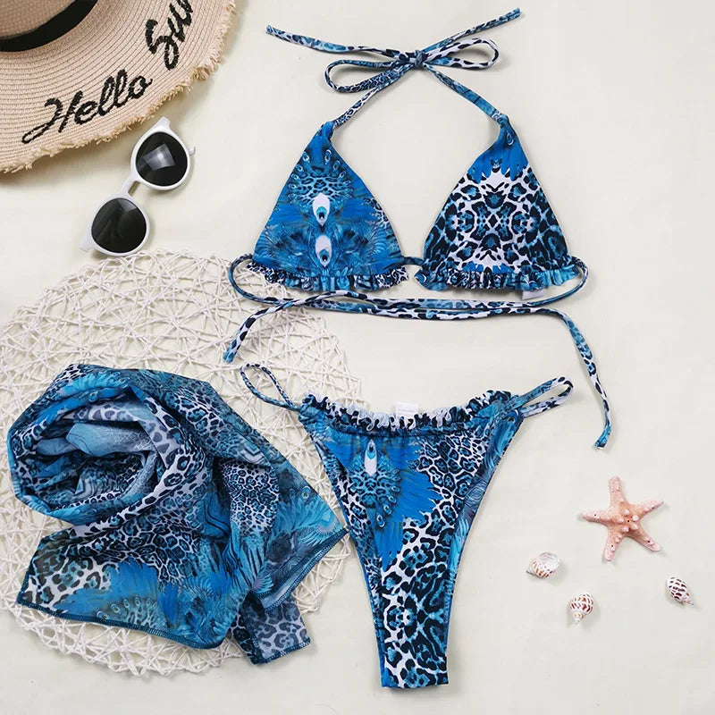 Swimwear- Ocean Triangle Halter Bra & Bikini Set with Matching Cover-Up- - IndioGear.com