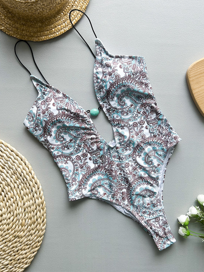 Swimwear- Paisley One-Piece Swimwear for Beach Parties- - IndioGear.com