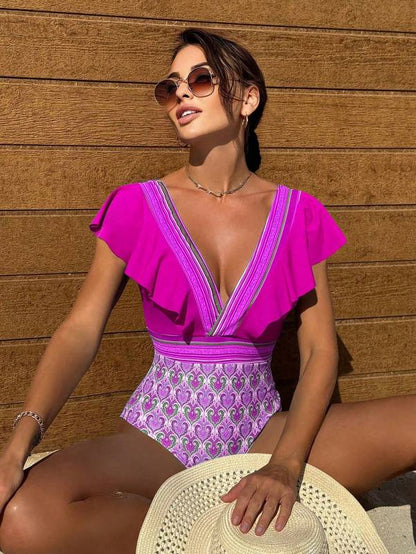 Swimwear- Paisley One-Piece Tummy Control Bathing Suit Cap Sleeve Swimwear- Rose- IndioGear Women Clothing