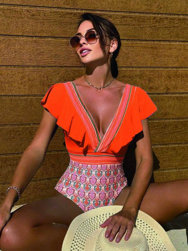 Swimwear- Paisley One-Piece Tummy Control Bathing Suit Cap Sleeve Swimwear- Orange- IndioGear Women Clothing