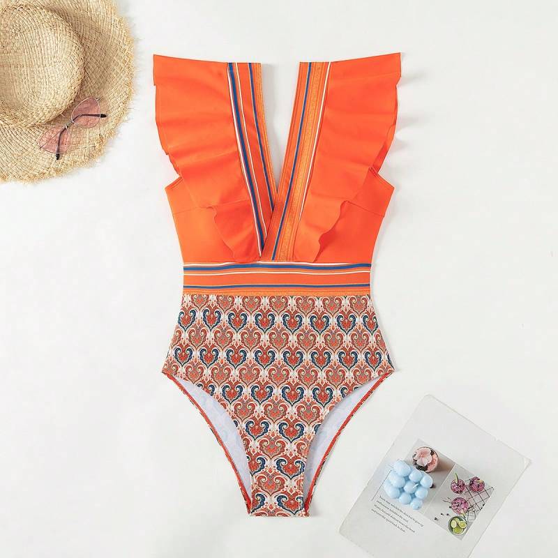 Swimwear- Paisley One-Piece Tummy Control Bathing Suit Cap Sleeve Swimwear- - IndioGear Women Clothing