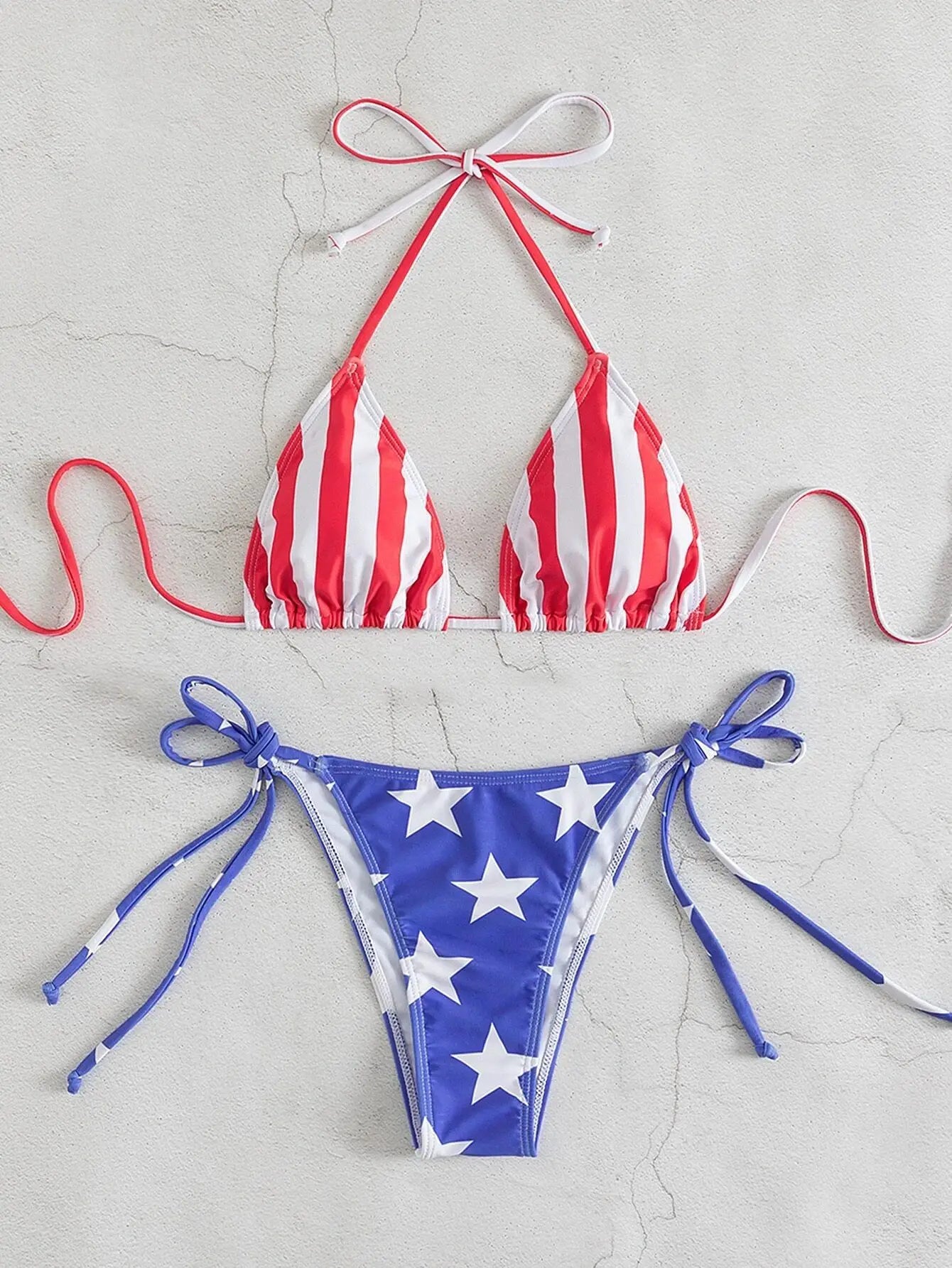 Swimwear- Patriotic American Flag Triangle Bra & Tie-Sides Bikini for Summer- - IndioGear Fashion and Gear