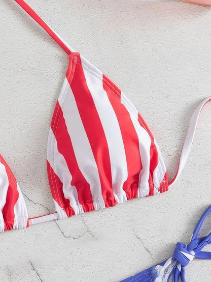 Swimwear- Patriotic American Flag Triangle Bra & Tie-Sides Bikini for Summer- - IndioGear Fashion and Gear