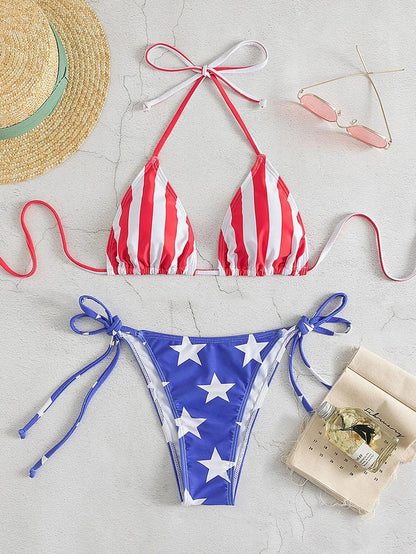 Swimwear- Patriotic American Flag Triangle Bra & Tie-Sides Bikini for Summer- - IndioGear Fashion and Gear