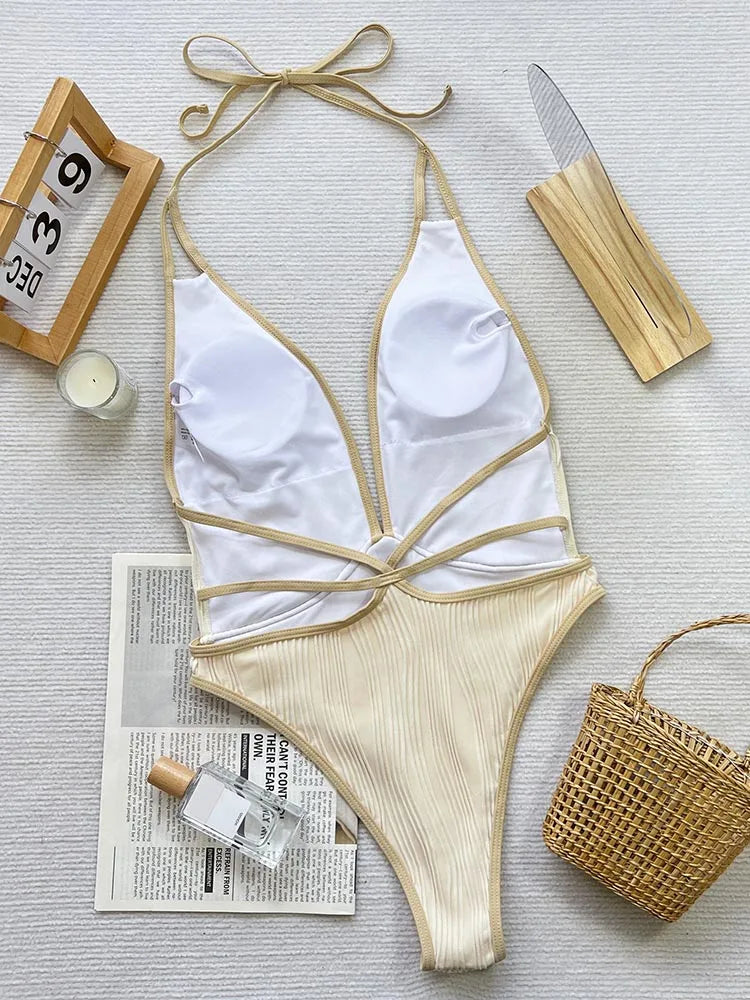 Swimwear- Plunge One-Piece Swimwear Gold-Trimmed Bathing Suit- - IndioGear Women Clothing