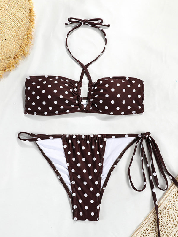 Swimwear- Polka Dot 2 Piece Swimwear - Bandeau Bra & Tie-Side Bikini in Peach- - IndioGear Fashion and Gear