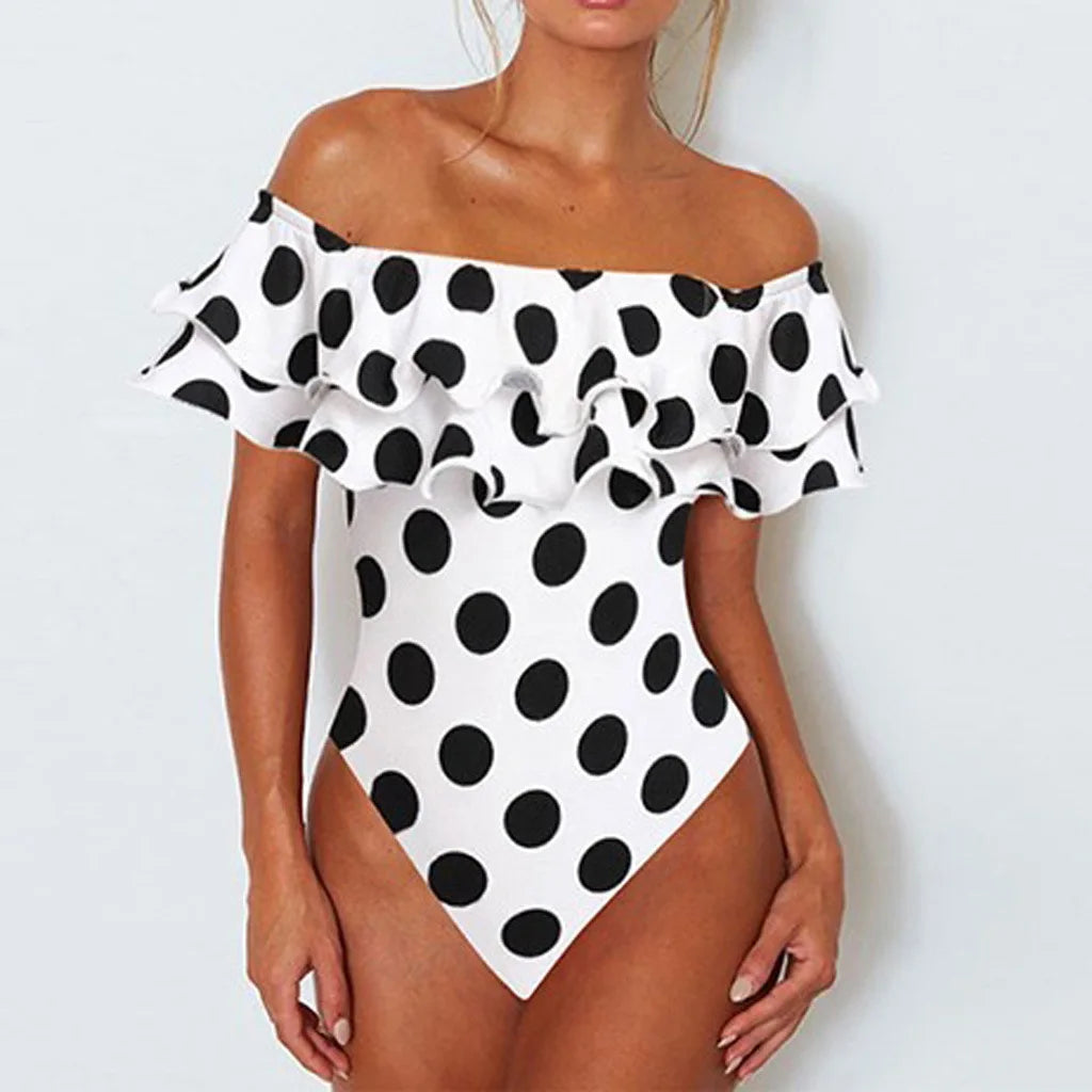 Maillot de bain une pièce à épaules dénudées et à pois, vêtements de plage