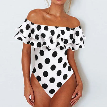 Polka Dot Ruffled Off-Shoulder One-Piece Swimwear Beachwear